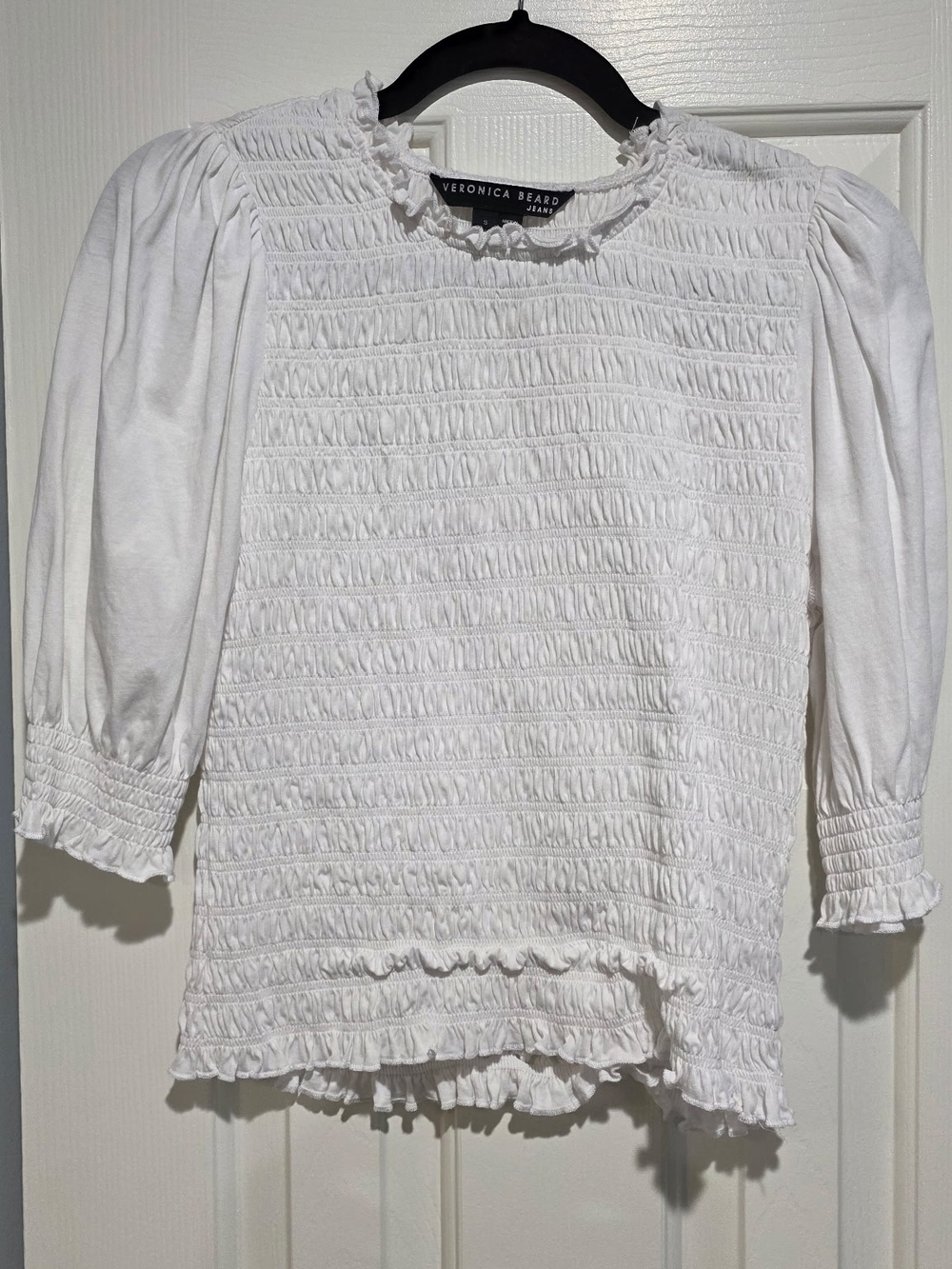 Veronica Beard White Smocked Ruffle-Trim Puff Sleeve Blouse - Picture 3 of 6